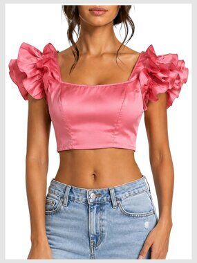 Zara Crop Top Pink Smocked Ruffle Sleeve S